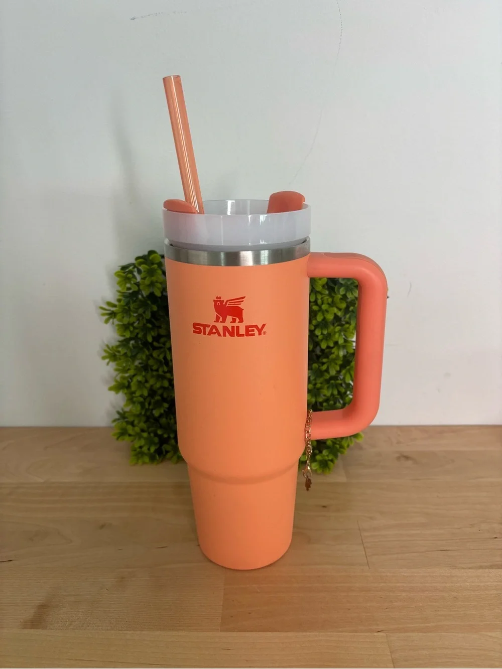 Stanley Coral Orange Travel Mug with Handle and Reusable Straw